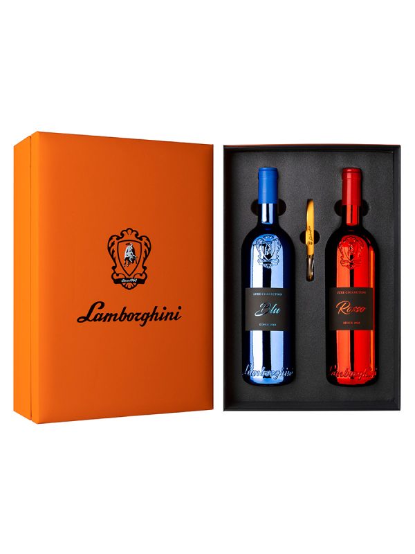 Πολυτελής πορτοκαλί κασετίνα Lamborghini 2 φιαλών Luxe Collection Blu και Rosso με δώρο ανοιχτήρι