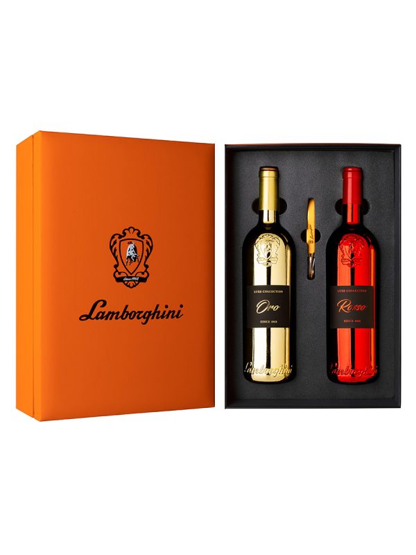 Πολυτελής πορτοκαλί κασετίνα Lamborghini 2 φιαλών Luxe Collection Oro και Rosso με δώρο ανοιχτήρι