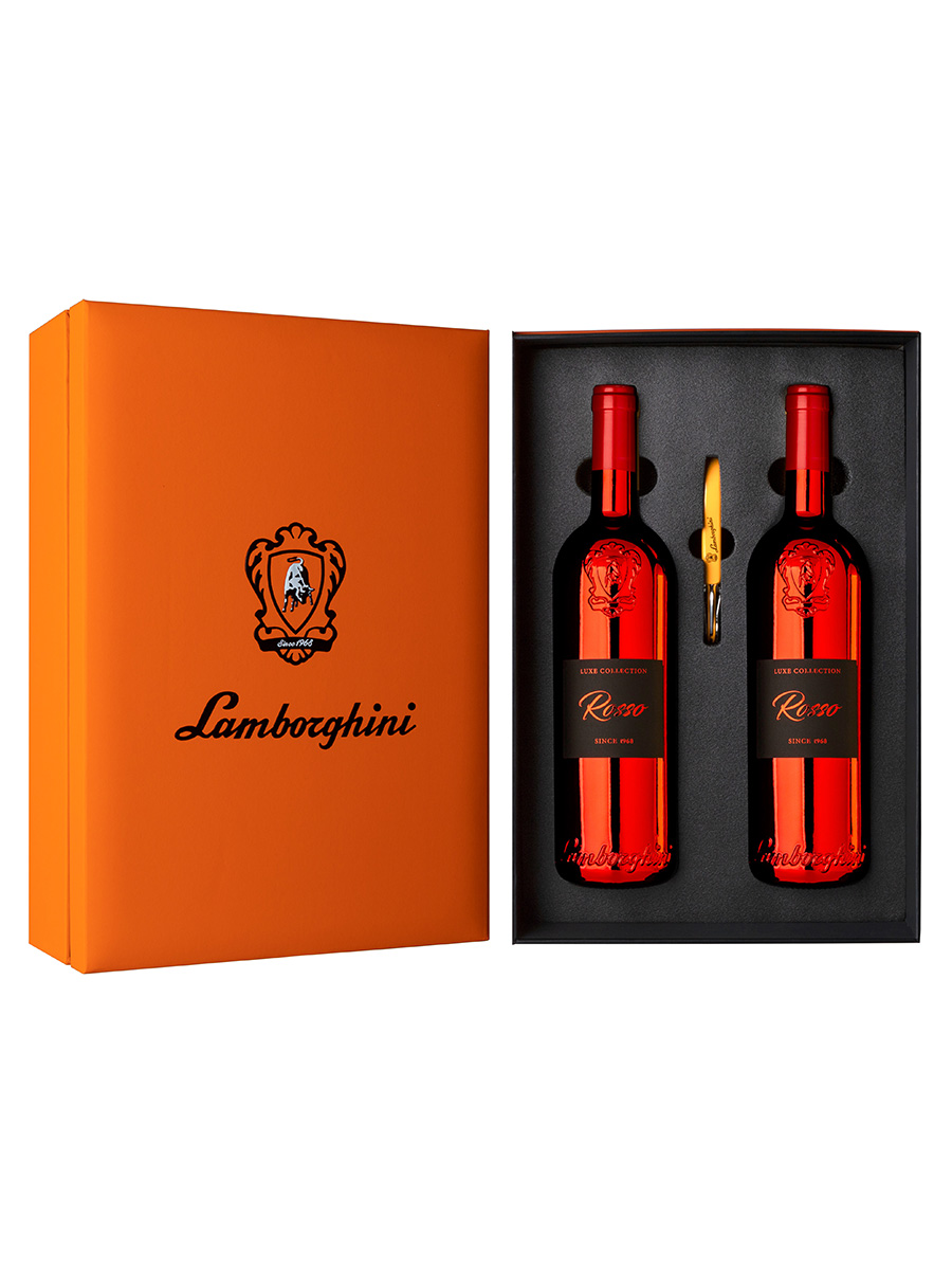 Πολυτελής πορτοκαλί κασετίνα Lamborghini 2 φιαλών Luxe Collection Rosso με δώρο ανοιχτήρι